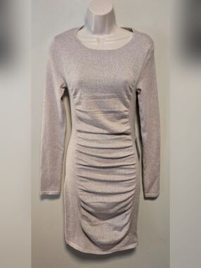 Express Shimmery Taupe Long Sleeve Ruched Bodycon Dress